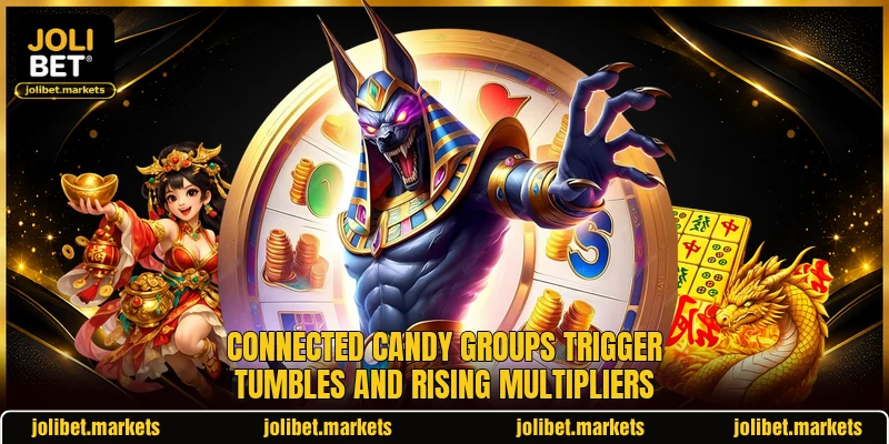 Connected candy groups trigger tumbles and rising multipliers