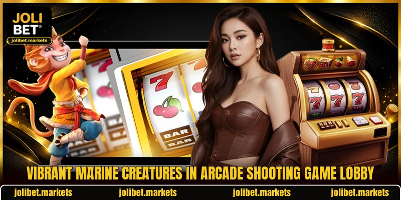 Vibrant marine creatures in arcade shooting game lobby Vibrant marine creatures in arcade shooting game lobby
